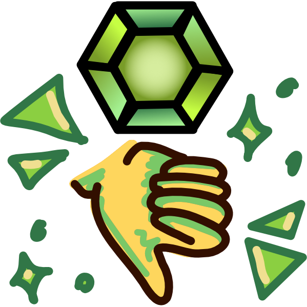A hexagonal green gemstone above a yellow thumb down hand with green shading, surrounded by green sparkles and emphasis marks. The image has dark line art.